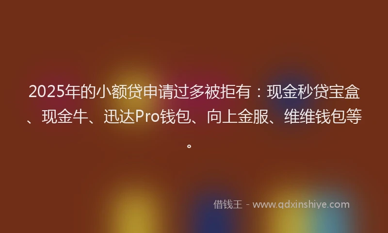 2025年的小额贷申请过多被拒有：现金秒贷宝盒、现金牛、迅达Pro钱包、向上金服、维维钱包等。