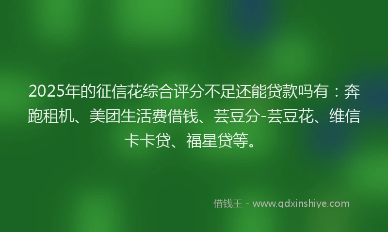 2025年的征信花综合评分不足还能贷款吗有：奔跑租机、美团生活费借钱、芸豆分-芸豆花、维信卡卡贷、福星贷等。