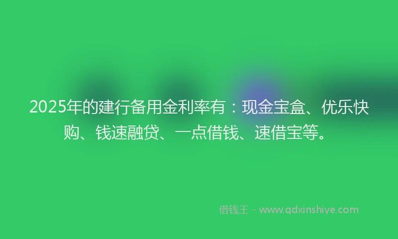 2025年的建行备用金利率有：现金宝盒、优乐快购、钱速融贷、一点借钱、速借宝等。