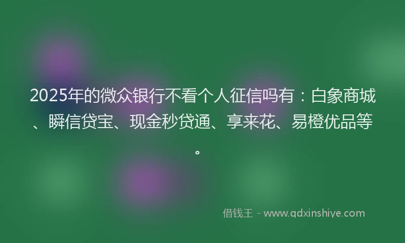 2025年的微众银行不看个人征信吗有：白象商城、瞬信贷宝、现金秒贷通、享来花、易橙优品等。