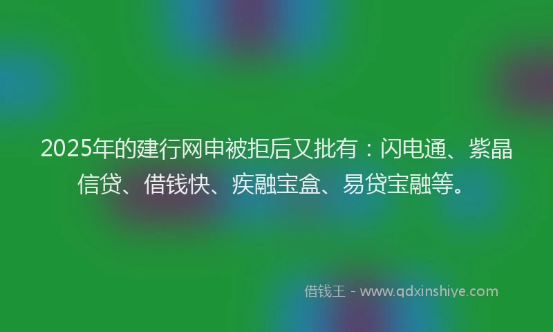 2025年的建行网申被拒后又批有：闪电通、紫晶信贷、借钱快、疾融宝盒、易贷宝融等。