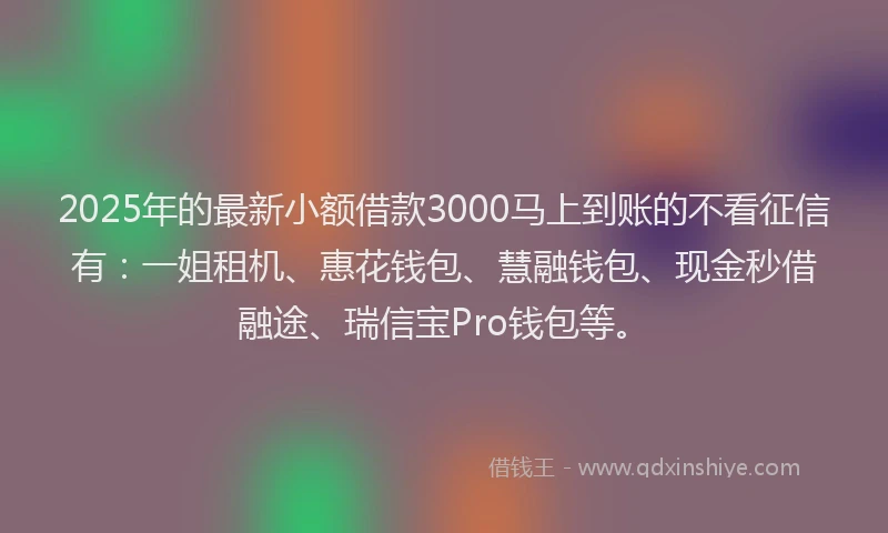 2025年的最新小额借款3000马上到账的不看征信有：一姐租机、惠花钱包、慧融钱包、现金秒借融途、瑞信宝Pro钱包等。