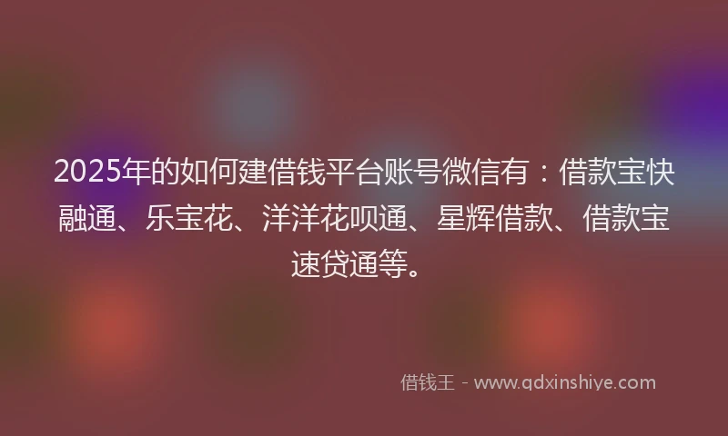 2025年的如何建借钱平台账号微信有：借款宝快融通、乐宝花、洋洋花呗通、星辉借款、借款宝速贷通等。