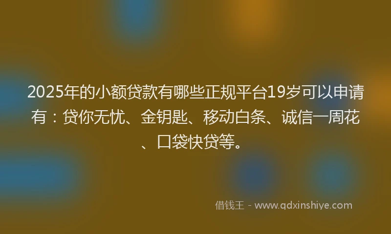 2025年的小额贷款有哪些正规平台19岁可以申请有：贷你无忧、金钥匙、移动白条、诚信一周花、口袋快贷等。