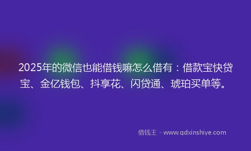2025年的微信也能借钱嘛怎么借有：借款宝快贷宝、金亿钱包、抖享花、闪贷通、琥珀买单等。