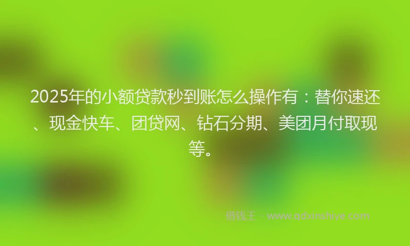 2025年的小额贷款秒到账怎么操作有：替你速还、现金快车、团贷网、钻石分期、美团月付取现等。