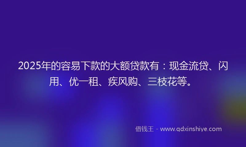 2025年的容易下款的大额贷款有：现金流贷、闪用、优一租、疾风购、三枝花等。