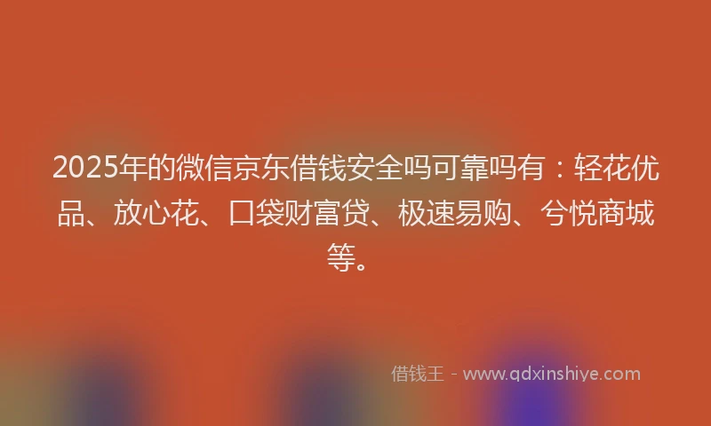 2025年的微信京东借钱安全吗可靠吗有：轻花优品、放心花、口袋财富贷、极速易购、兮悦商城等。