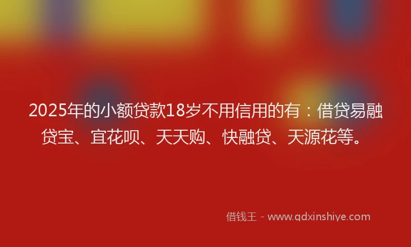 2025年的小额贷款18岁不用信用的有：借贷易融贷宝、宜花呗、天天购、快融贷、天源花等。