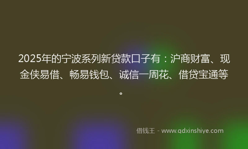 2025年的宁波系列新贷款口子有：沪商财富、现金侠易借、畅易钱包、诚信一周花、借贷宝通等。