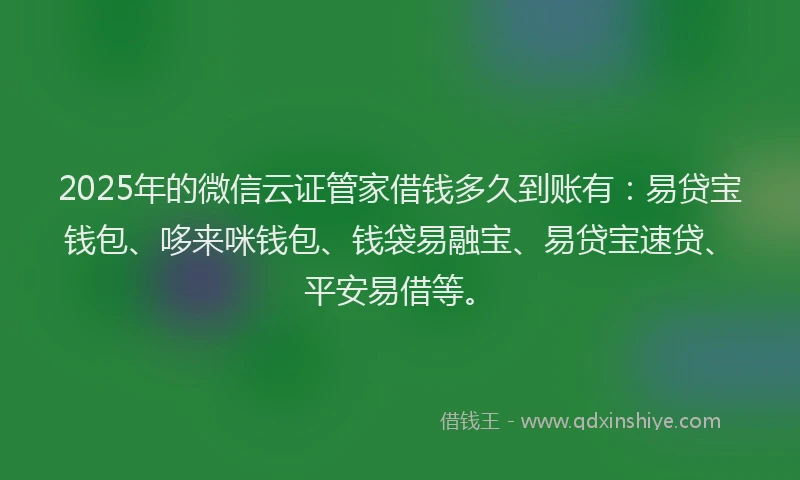 2025年的微信云证管家借钱多久到账有：易贷宝钱包、哆来咪钱包、钱袋易融宝、易贷宝速贷、平安易借等。