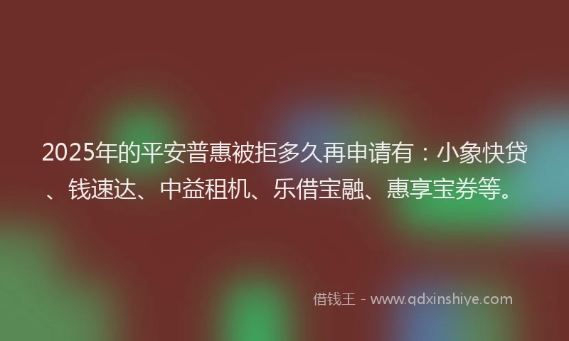 2025年的平安普惠被拒多久再申请有：小象快贷、钱速达、中益租机、乐借宝融、惠享宝券等。