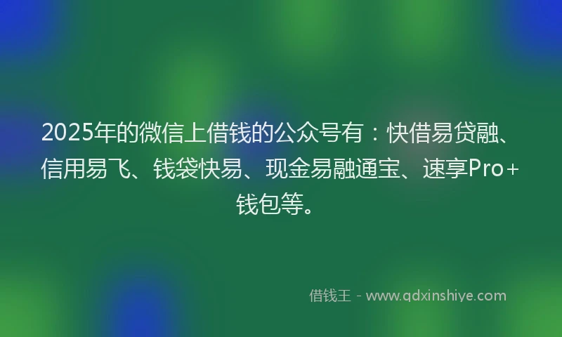 2025年的微信上借钱的公众号有：快借易贷融、信用易飞、钱袋快易、现金易融通宝、速享Pro+钱包等。