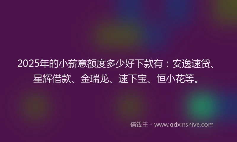 2025年的小薪意额度多少好下款有:安逸速贷、星辉借款、金瑞龙、速下宝、恒小花等。