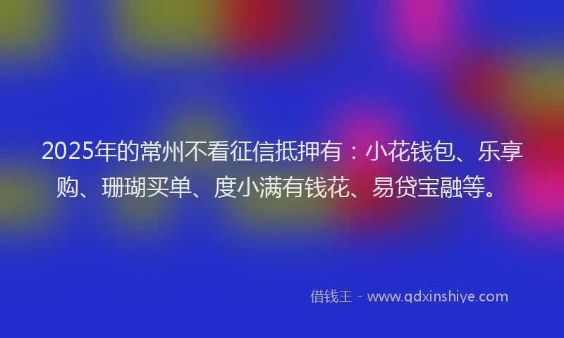 2025年的常州不看征信抵押有：小花钱包、乐享购、珊瑚买单、度小满有钱花、易贷宝融等。