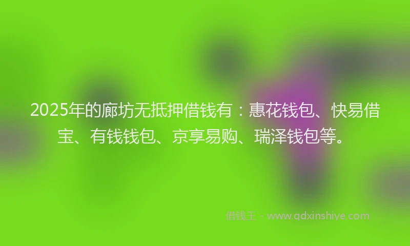 2025年的廊坊无抵押借钱有：惠花钱包、快易借宝、有钱钱包、京享易购、瑞泽钱包等。