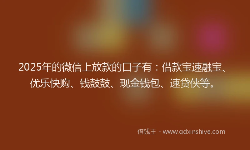 2025年的微信上放款的口子有：借款宝速融宝、优乐快购、钱鼓鼓、现金钱包、速贷侠等。