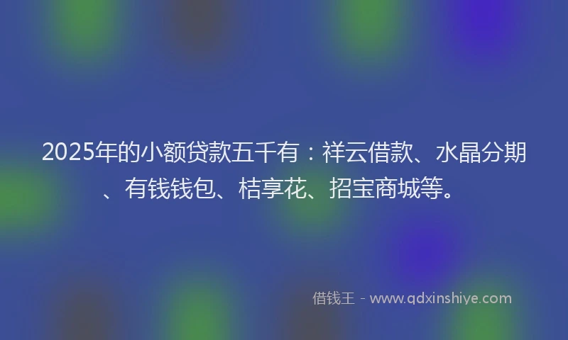 2025年的小额贷款五千有：祥云借款、水晶分期、有钱钱包、桔享花、招宝商城等。