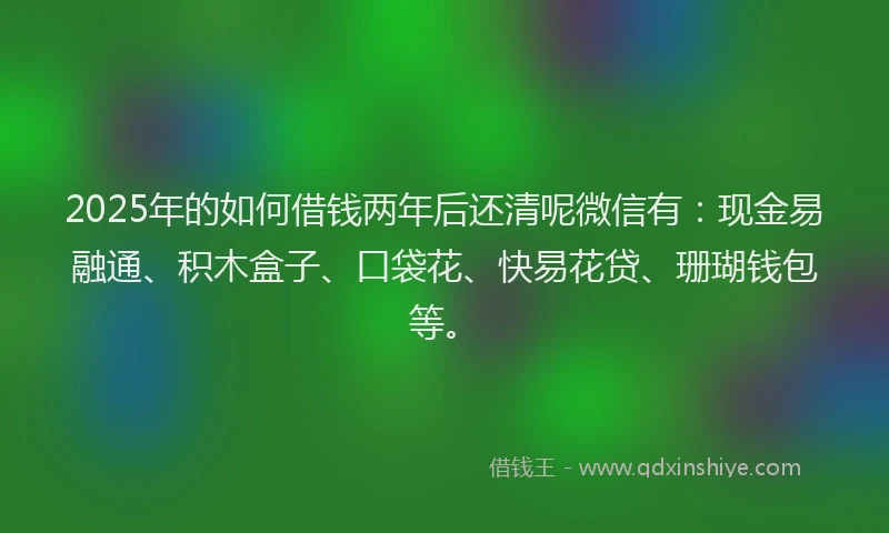 2025年的如何借钱两年后还清呢微信有：现金易融通、积木盒子、口袋花、快易花贷、珊瑚钱包等。