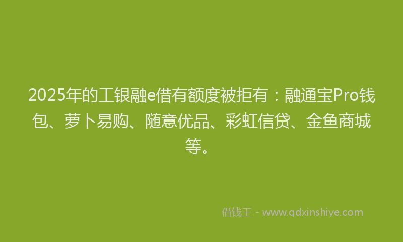 2025年的工银融e借有额度被拒有：融通宝Pro钱包、萝卜易购、随意优品、彩虹信贷、金鱼商城等。