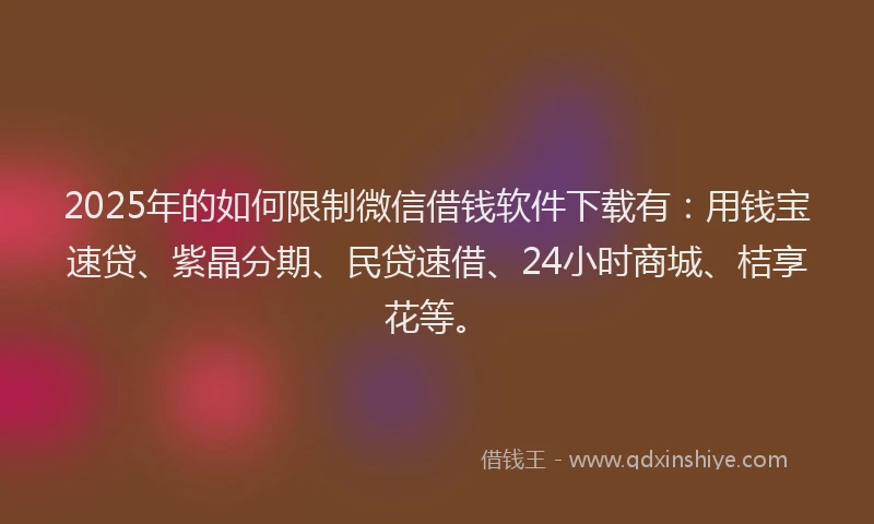 2025年的如何限制微信借钱软件下载有：用钱宝速贷、紫晶分期、民贷速借、24小时商城、桔享花等。