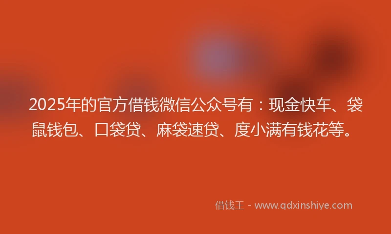 2025年的官方借钱微信公众号有：现金快车、袋鼠钱包、口袋贷、麻袋速贷、度小满有钱花等。