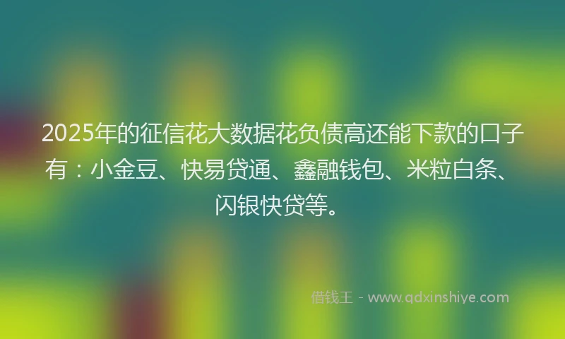2025年的征信花大数据花负债高还能下款的口子有：小金豆、快易贷通、鑫融钱包、米粒白条、闪银快贷等。
