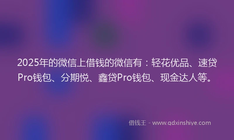 2025年的微信上借钱的微信有：轻花优品、速贷Pro钱包、分期悦、鑫贷Pro钱包、现金达人等。