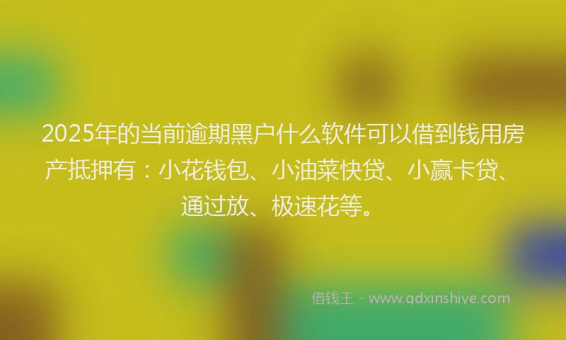 2025年的当前逾期黑户什么软件可以借到钱用房产抵押有：小花钱包、小油菜快贷、小赢卡贷、通过放、极速花等。
