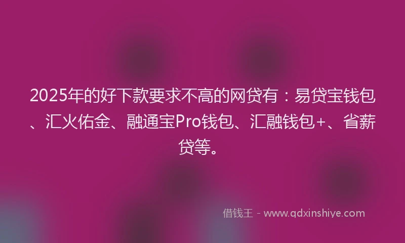 2025年的好下款要求不高的网贷有：易贷宝钱包、汇火佑金、融通宝Pro钱包、汇融钱包+、省薪贷等。