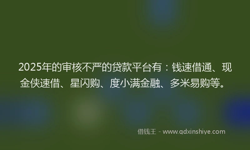 2025年的审核不严的贷款平台有：钱速借通、现金侠速借、星闪购、度小满金融、多米易购等。