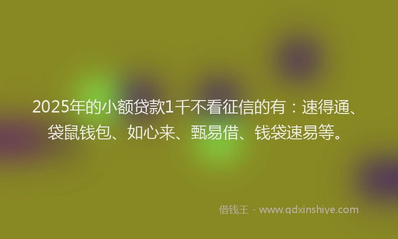 2025年的小额贷款1千不看征信的有：速得通、袋鼠钱包、如心来、甄易借、钱袋速易等。