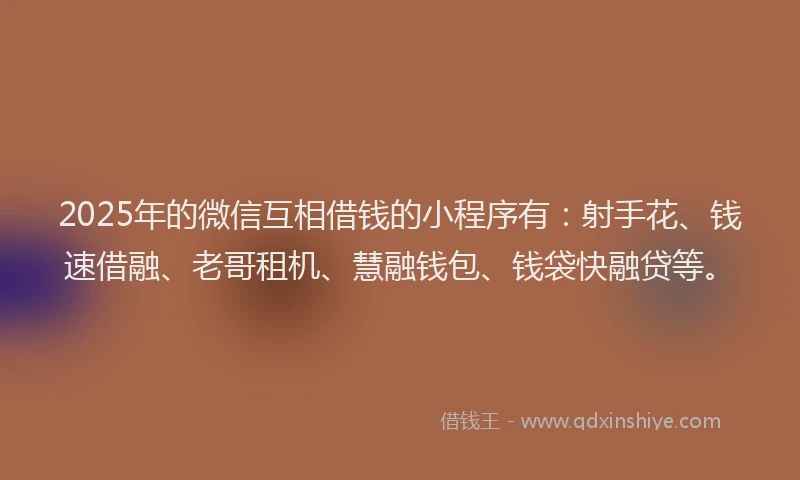 2025年的微信互相借钱的小程序有：射手花、钱速借融、老哥租机、慧融钱包、钱袋快融贷等。