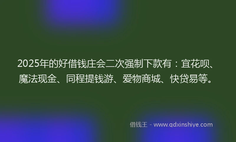 2025年的好借钱庄会二次强制下款有：宜花呗、魔法现金、同程提钱游、爱物商城、快贷易等。