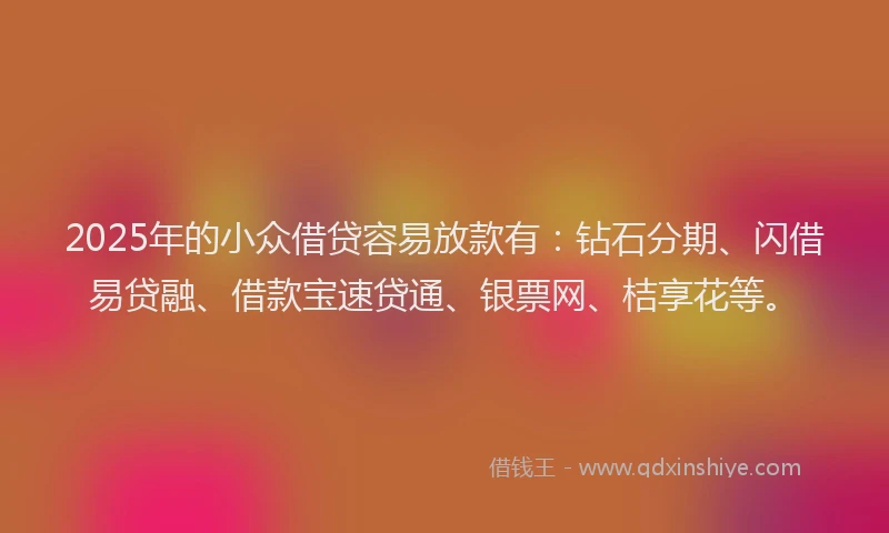2025年的小众借贷容易放款有：钻石分期、闪借易贷融、借款宝速贷通、银票网、桔享花等。