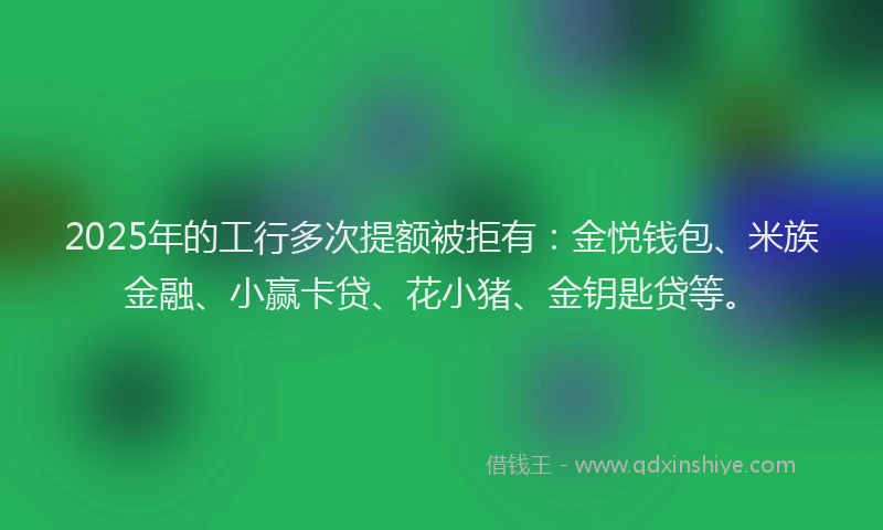 2025年的工行多次提额被拒有：金悦钱包、米族金融、小赢卡贷、花小猪、金钥匙贷等。