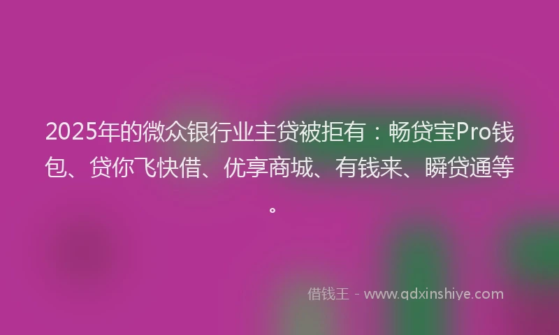2025年的微众银行业主贷被拒有：畅贷宝Pro钱包、贷你飞快借、优享商城、有钱来、瞬贷通等。