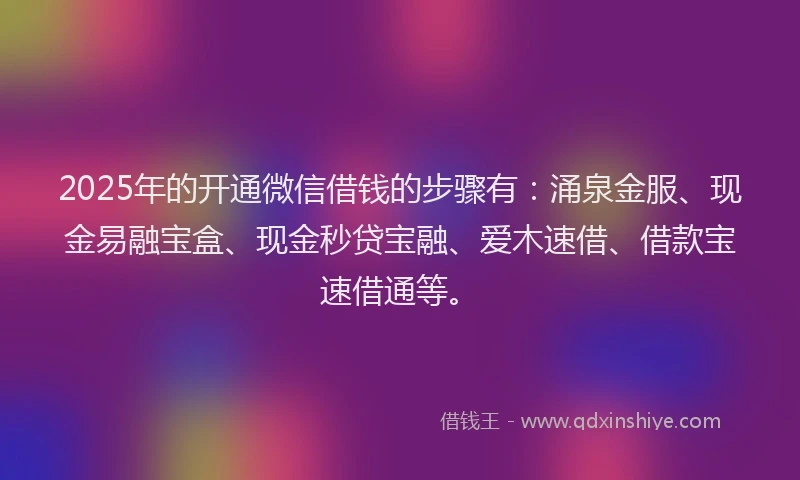2025年的开通微信借钱的步骤有：涌泉金服、现金易融宝盒、现金秒贷宝融、爱木速借、借款宝速借通等。