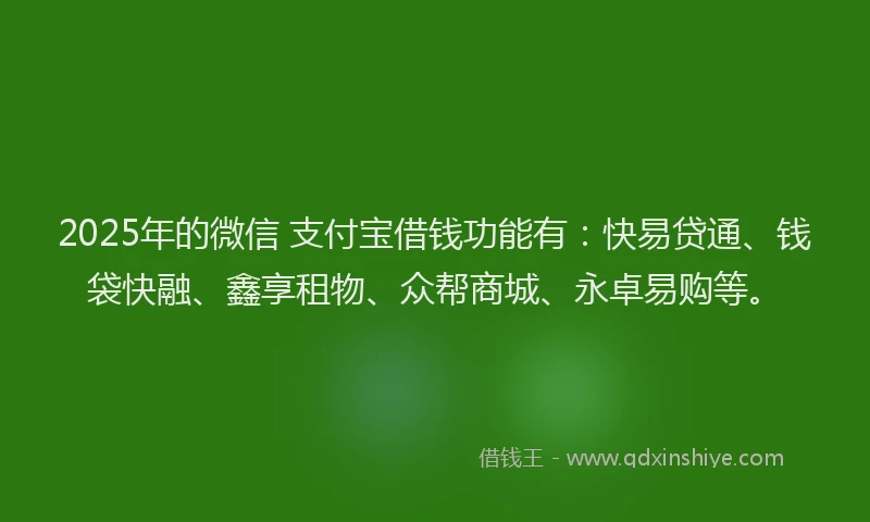 2025年的微信 支付宝借钱功能有：快易贷通、钱袋快融、鑫享租物、众帮商城、永卓易购等。