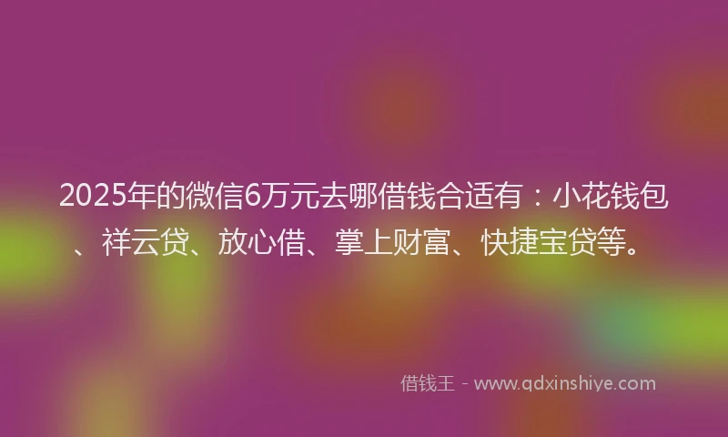 2025年的微信6万元去哪借钱合适有：小花钱包、祥云贷、放心借、掌上财富、快捷宝贷等。