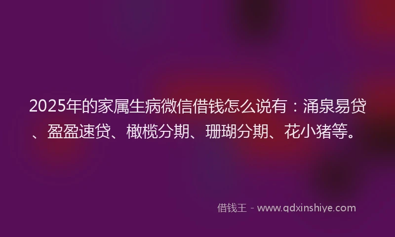 2025年的家属生病微信借钱怎么说有：涌泉易贷、盈盈速贷、橄榄分期、珊瑚分期、花小猪等。