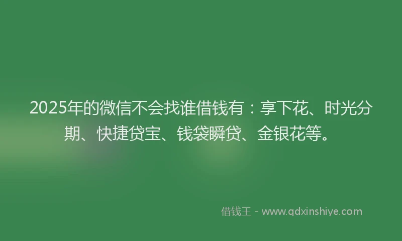 2025年的微信不会找谁借钱有：享下花、时光分期、快捷贷宝、钱袋瞬贷、金银花等。
