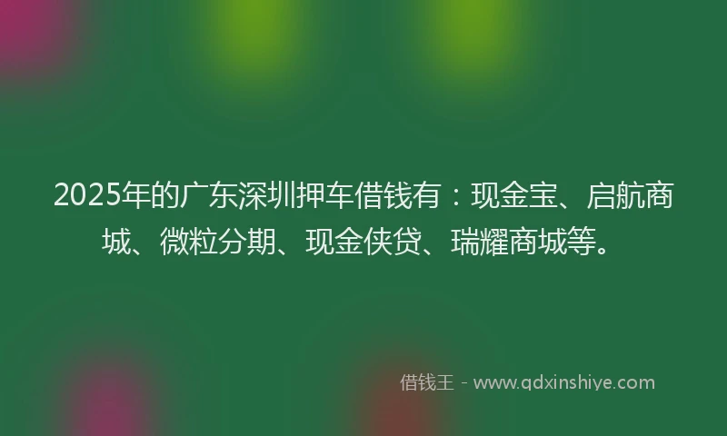2025年的广东深圳押车借钱有：现金宝、启航商城、微粒分期、现金侠贷、瑞耀商城等。