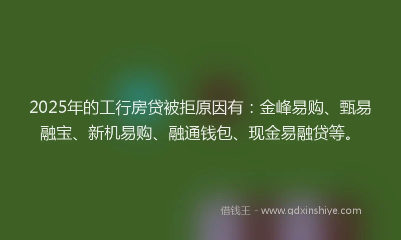2025年的工行房贷被拒原因有：金峰易购、甄易融宝、新机易购、融通钱包、现金易融贷等。