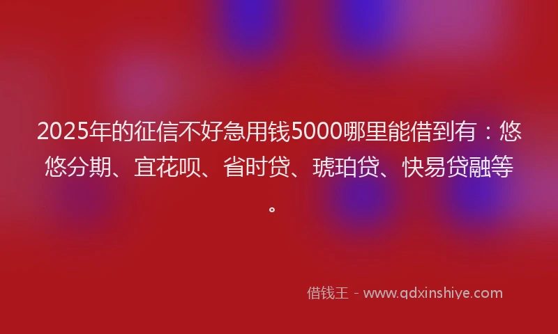2025年的征信不好急用钱5000哪里能借到有：悠悠分期、宜花呗、省时贷、琥珀贷、快易贷融等。