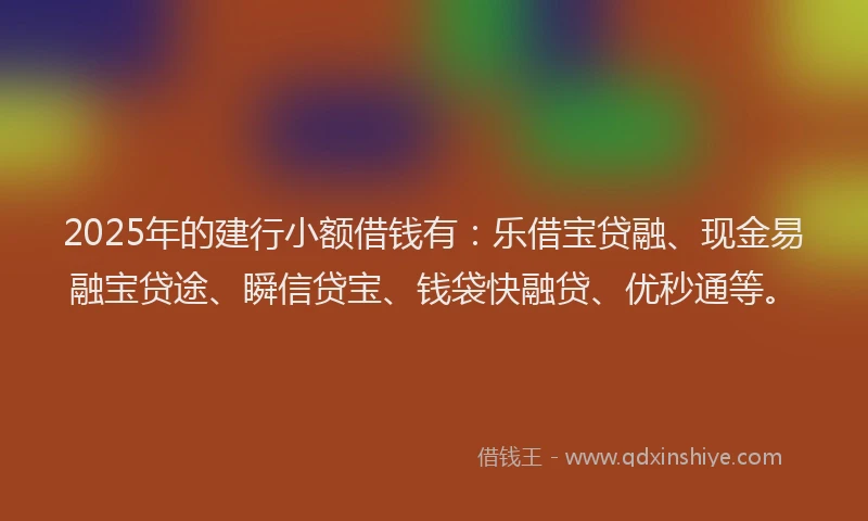 2025年的建行小额借钱有：乐借宝贷融、现金易融宝贷途、瞬信贷宝、钱袋快融贷、优秒通等。