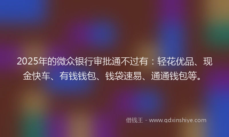 2025年的微众银行审批通不过有：轻花优品、现金快车、有钱钱包、钱袋速易、通通钱包等。