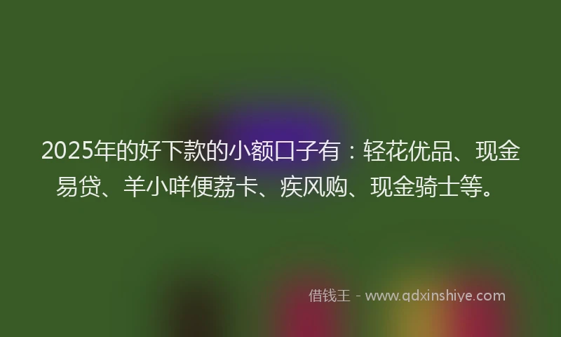 2025年的好下款的小额口子有：轻花优品、现金易贷、羊小咩便荔卡、疾风购、现金骑士等。