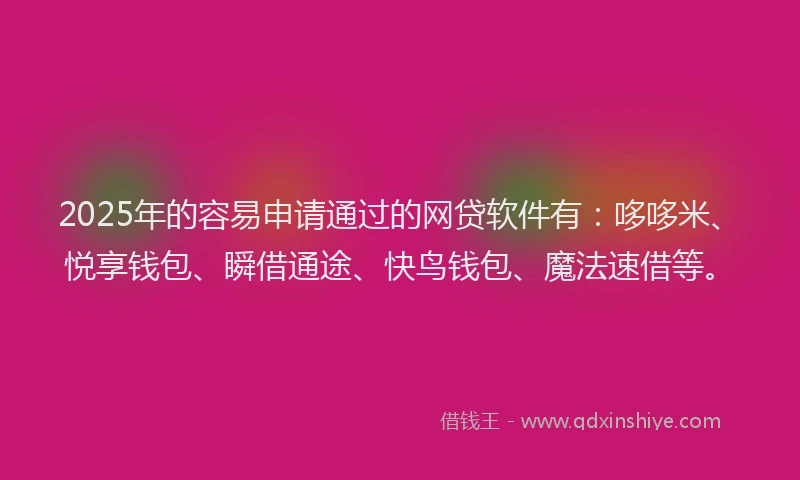 2025年的容易申请通过的网贷软件有：哆哆米、悦享钱包、瞬借通途、快鸟钱包、魔法速借等。