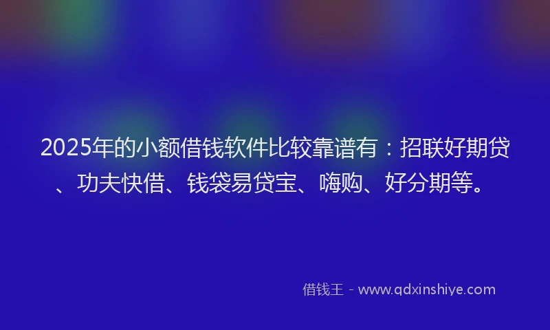 2025年的小额借钱软件比较靠谱有：招联好期贷、功夫快借、钱袋易贷宝、嗨购、好分期等。
